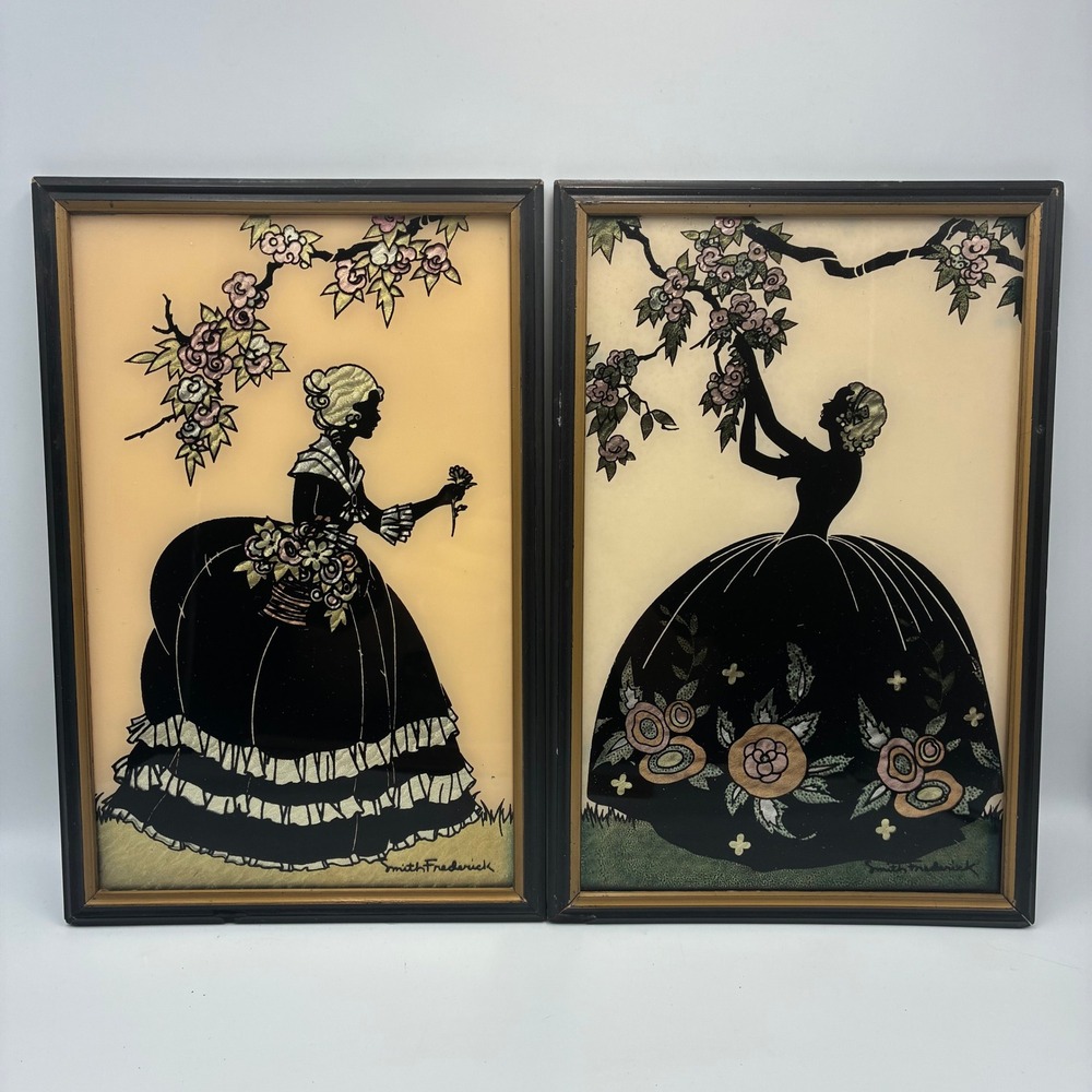 Smith Frederick Reverse Glass Silhouette Art Pair Old Fashioned Garden Reliance